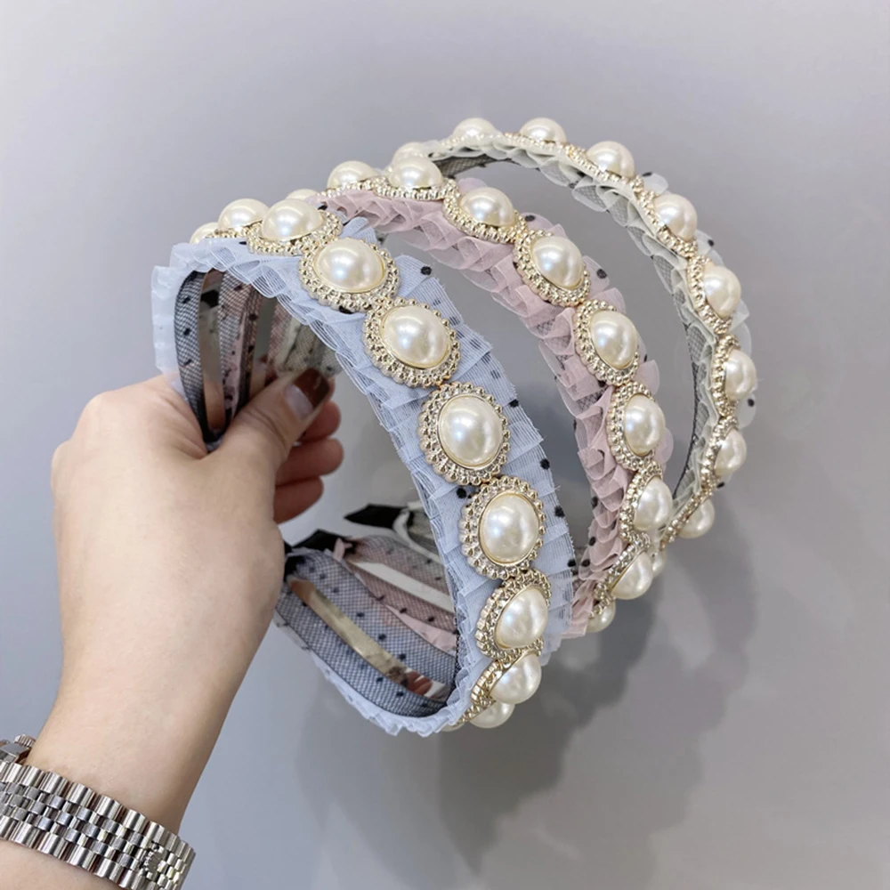 

Temperament Mesh Big Pearl Headband Female Retro Fashion Lace Head Bands Hair Accessories Women