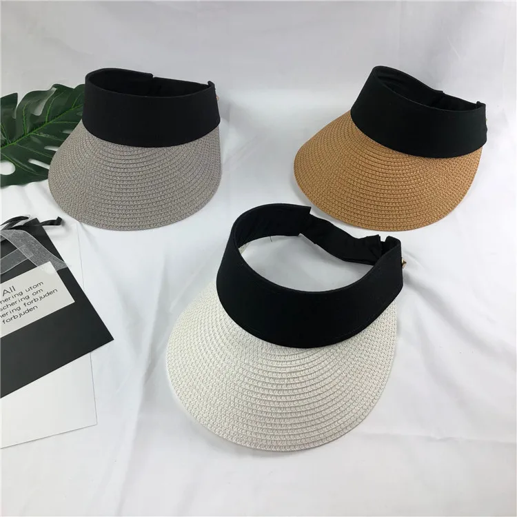 

2019 New Simple Summer Straw Sun Hat Women Pearl Backable Sun Visor Hat with Big Heads Wide Brim UV Protection female cap