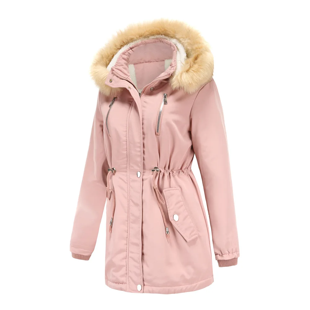 Winter 2021 Women's Thick Lamb Velvet Coat Loose Women's Padded Jacket with Detachable Hat Plus Fleece Female Casual Outerwear