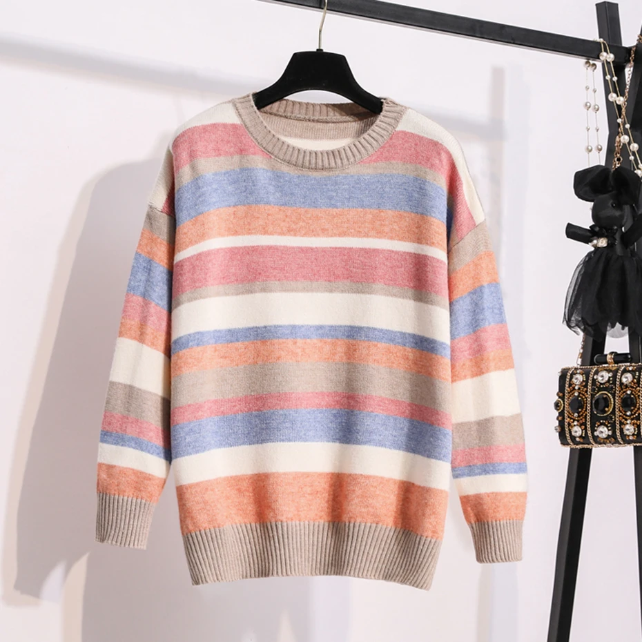 Women Winter Sweater Harajuku Rainbow Striped Pullover Female Plus Size Clothes Autumn Pulls Oversize Poncho Mujer Sueter | Женская