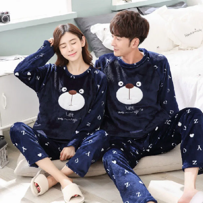 Пижама унисекс для взрослых; Фланелевая пижама с милыми животными; комплект зимней теплой одежды для сна из 2 предметов; утолщенная домашняя пижама для мужчин
