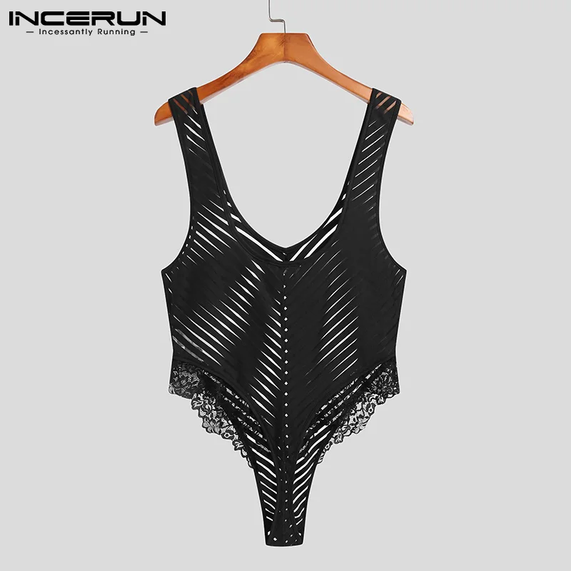 

INCERUN Men Bodysuits Underwear Sleeveless Lace Striped Mesh Patchwork Homewear See Through 2022 Sexy V Neck Men Bodysuits S-5XL