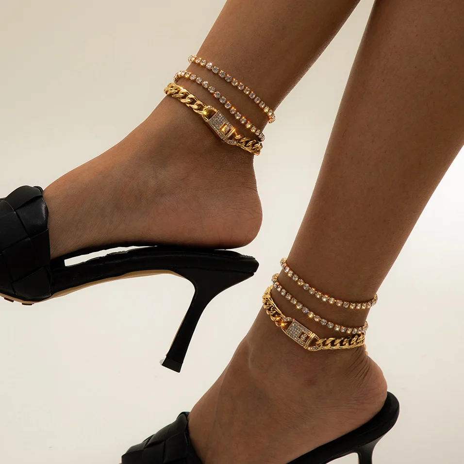 

3pcs Vintage Punk Luxury Shiny Inlaid Rhinestones Cuban Buckle Women Anklet Retro Multilayer Chain Female Anklets Foot Jewelry