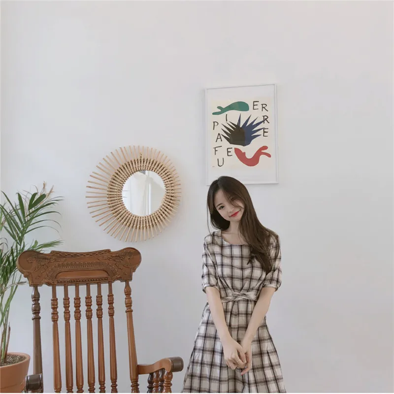 Платье женское летнее из хлопка и льна с коротким рукавом круглым