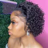 curly wigs short pixie cut human hair for women natural black remy 150 density glueless cheap side part human wigs