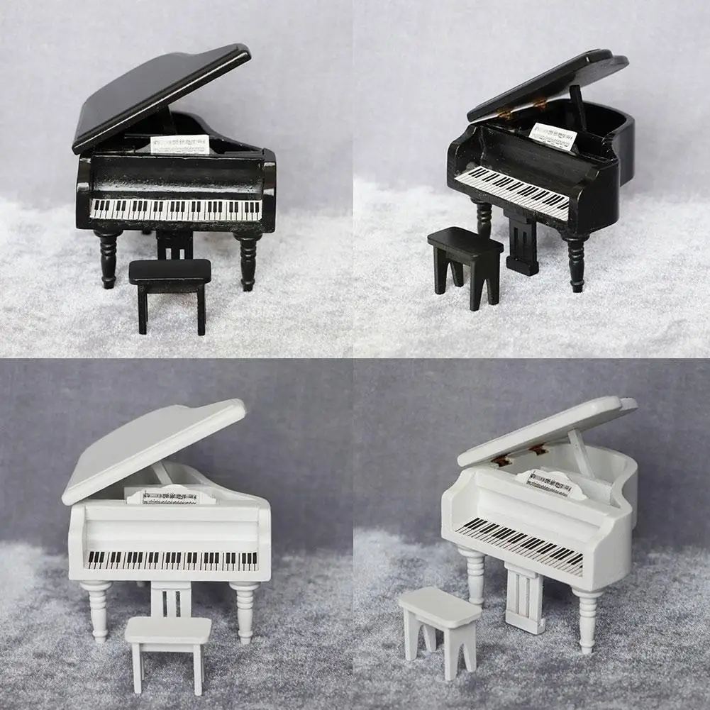 

1/12 House Miniature Wooden Grand Piano Mould With Stool Room Baby House Decor Music Instrument Toys For Chil E3i5