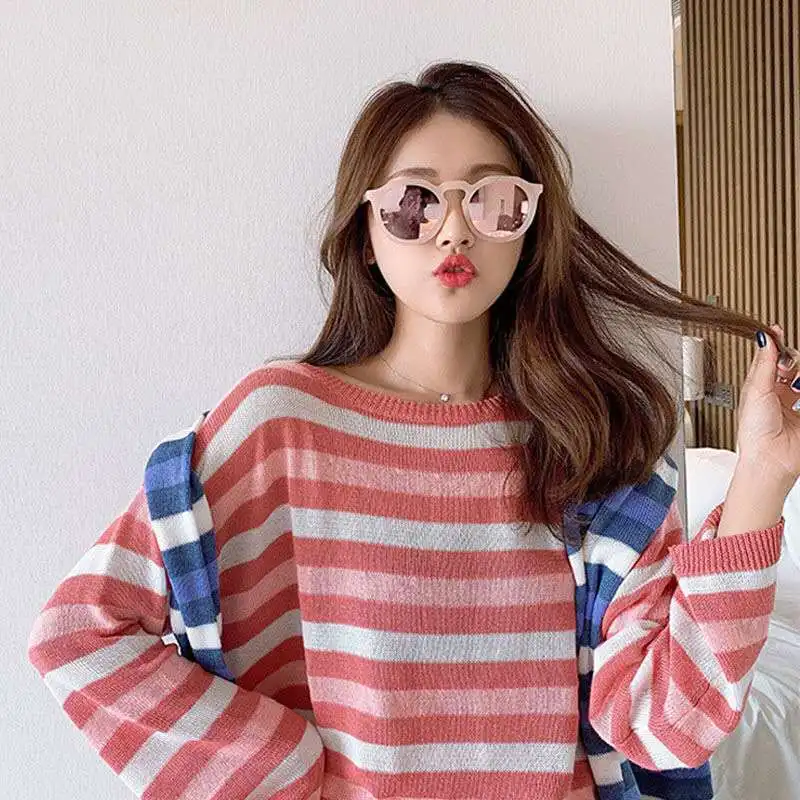 

Женский свободный пуловер в полоску, повседневный вязаный свитер с вырезами, Осень-зима 2020