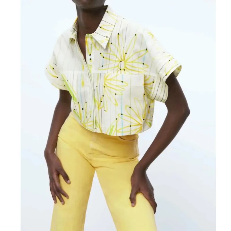 

Prairie Chic Cropped Shirt Women Vintage Loose Daisy Print Short Sleeved Shirts Tunic Summer Female Pockets Tops Blouses 2021