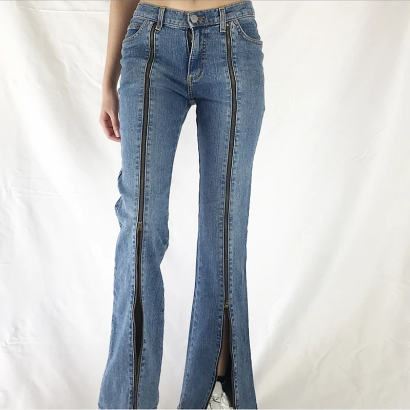 

Women Spring Autumn Denim Trousers Fashion Zipper Metal Split Hem Middle Waist Pants Casual Party Street Loose Slimming Pants