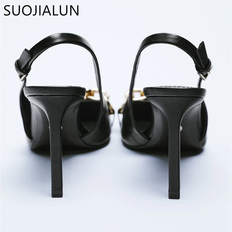 SUOJIALUN 2022 New Spring Fashion Crystal Buckle Sandals Women Thick High Heels Pointed Toe Slingback Shoes Elegant Slip On Mule