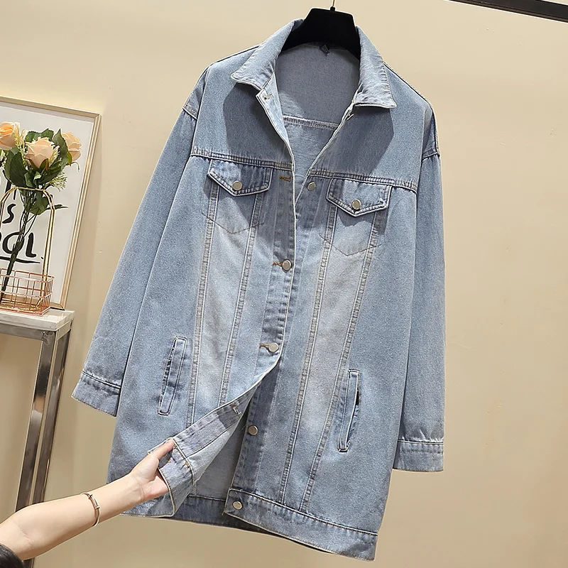 Женская джинсовая куртка размера плюс 5XL Повседневная Длинная однобортная синяя