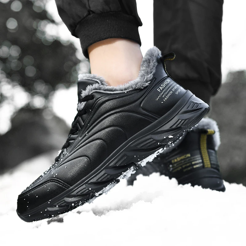 

Leather Men's Quality Shoes plush warm winter snow shoes Stylish Black Casual Lace-up Sneaker Soft Flats Male shoes Footwear