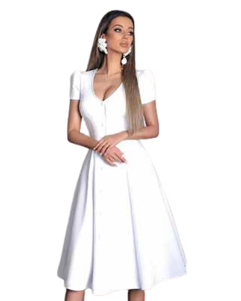

2021 New Fresh Clear Long Dress Solid Office Lady Sweet Young V-Neck Short Sleeve Women Nature A-Line Midi Dress