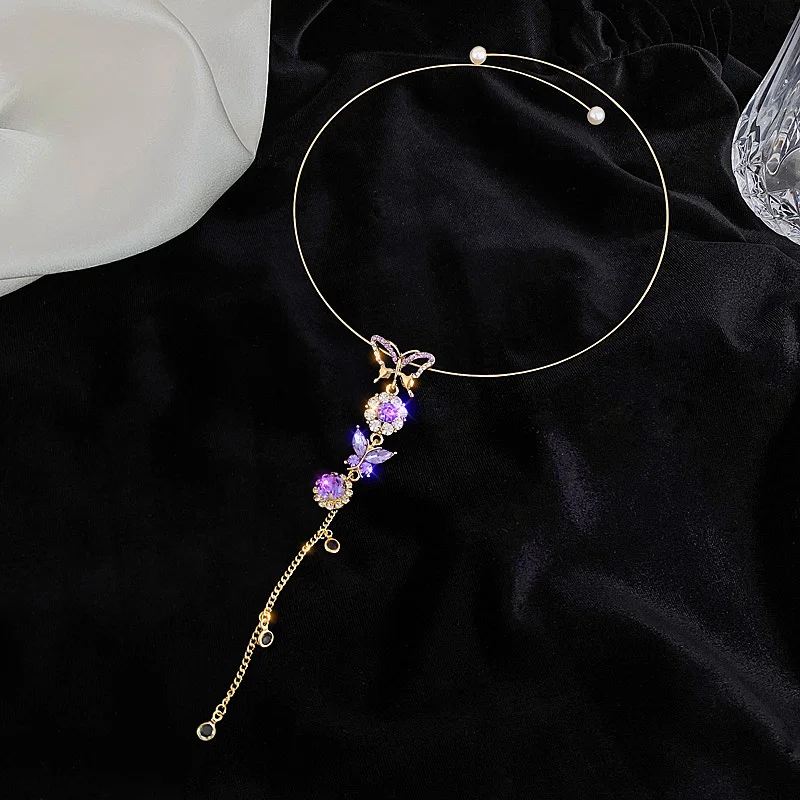 

Trendy Gold Silver Color Round Double Circle CZ Zirconia Necklace & Pendant Butterfly Clavicle Chain For Women Party Gift Choker