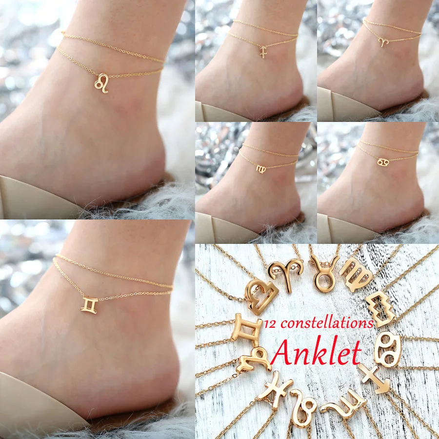 Multilayer 12 Constellation Zodiac Sign Anklets for Women Girl Gold Beach Ankle Bracelet On Leg Fashion Jewelry 2019 Gifts | Украшения и