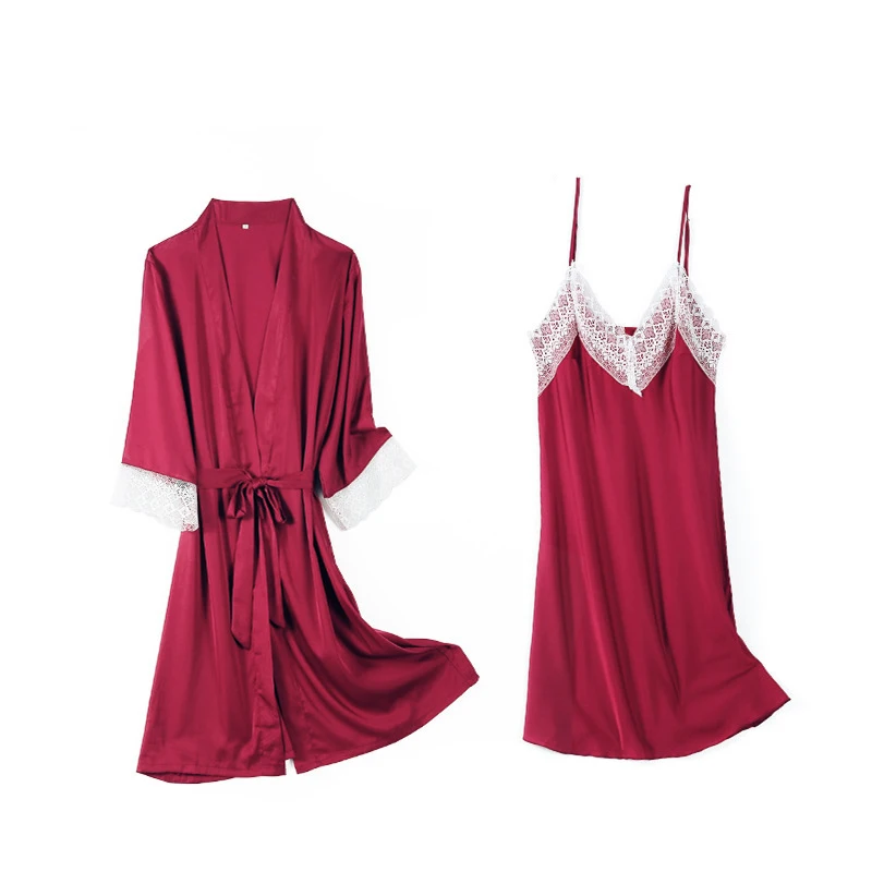 

2PCS Pajamas Set Womens V-Neck Sleep Wear Pijama Home Nightie Sexy Bathrobe Spring Three Quarter Sleeve Robe Gown Suit Sleepwear