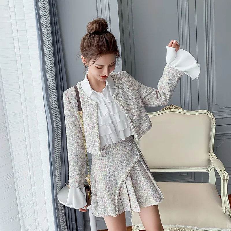 

2020 Autumn Winter New fashion Women Tweed Short Coat+ Pleated High Waist Skirt+Shirt Suit Temperament Slim Three-piece Suit
