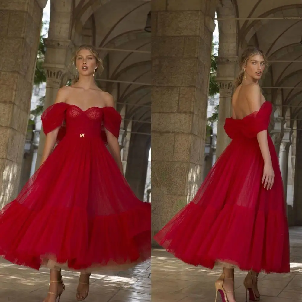 

Red Evening Dress Tulle Off the Shoulder A Line Prom Dresses Vestidos De Fiesta Customize Ankle Length Formal Celebrity Gowns