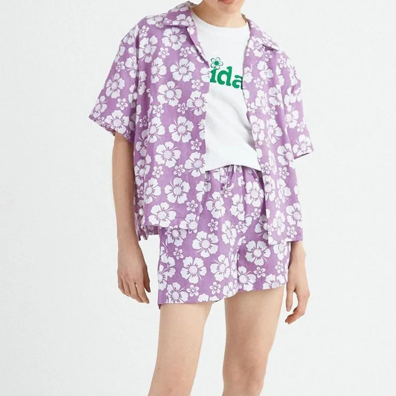 

Casual Turn Down Collar Summer Women Suit Short Sleeve Printed Loose Elastic Waist Set Female Streetwear Simple Homewear 2Pcs
