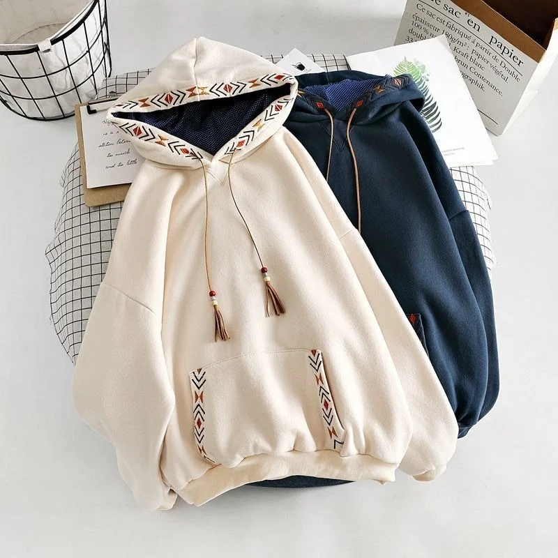 

Cotton White Hooded Loose Design Sense Sweater Women's Autumn and Winter Oversized Student Thickened Coat Women's Top Fashion