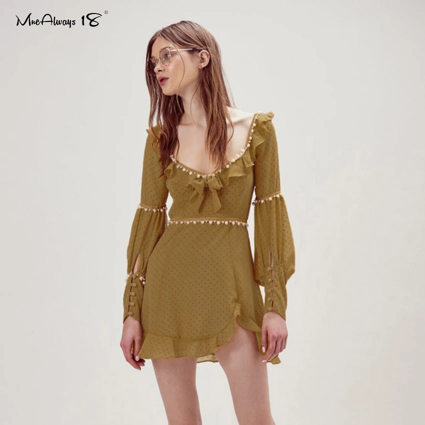 Женское шифоновое платье в горошек Mnealways18 мини с длинным рукавом и оборками