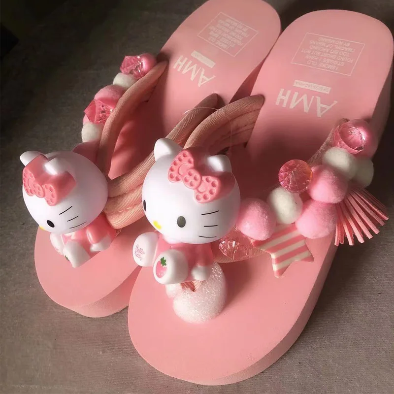 

Handmade Summer women sandals slippers Full Rhinestone Cat Head Shoes Wedges Outside Beach Footwear Pearl Thick Sole Flip Flops