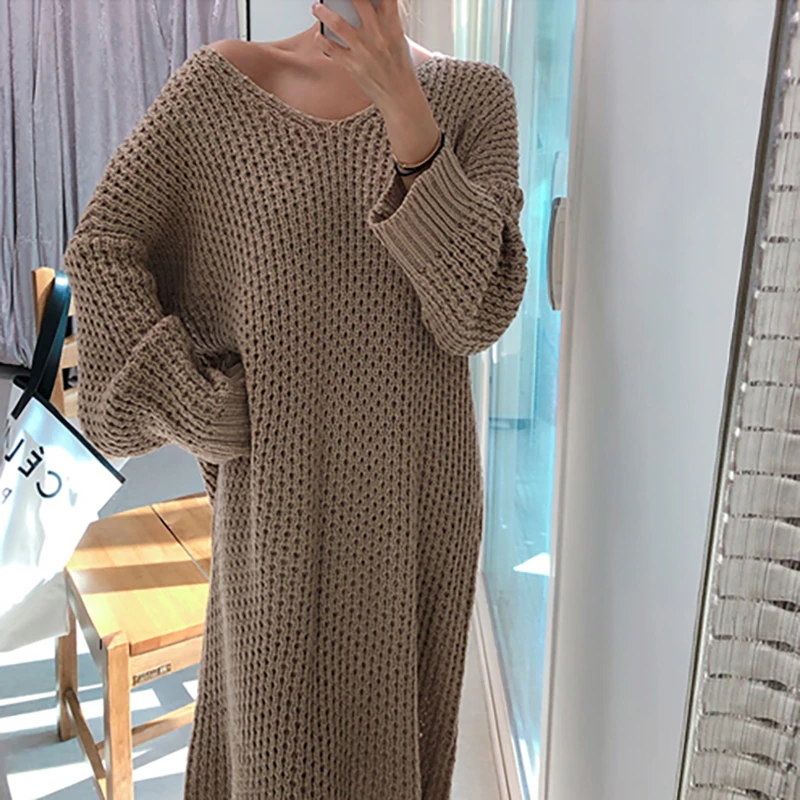 GALCAUR выдалбливают Вязание Платье для женщин V шеи с длинным рукавом высокой