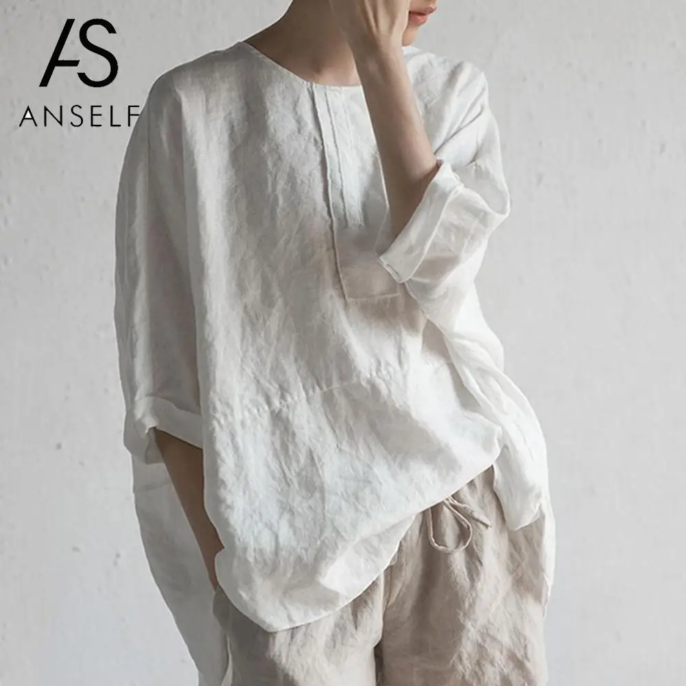 Женские винтажные футболки Anself хлопковые льняные Топы с коротким рукавом
