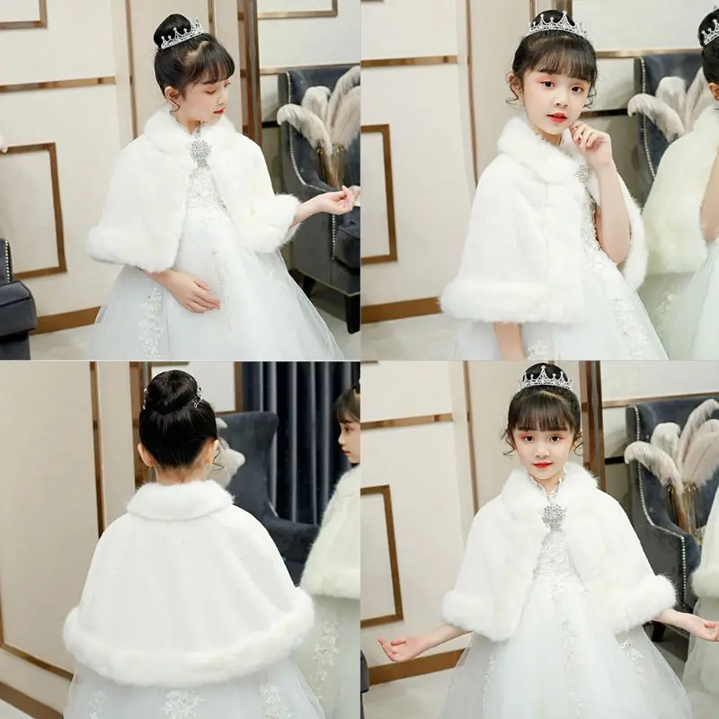 

Little Girl Wedding Warm Shawl Wrap Princess Winter Plush Rhinestone Bolero Cape