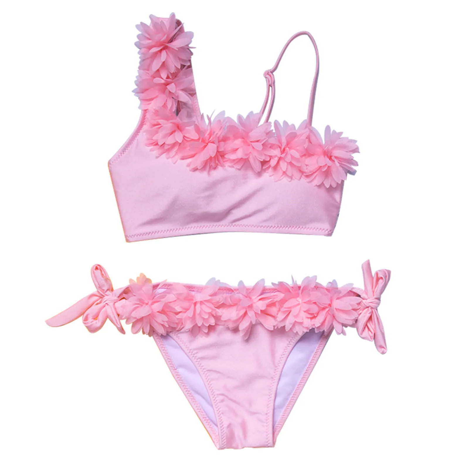 

2pcs Toddler Baby Girls Swimsuits Set Children Solid Color Lace One Shoulder Bandage Bikini Beachwear Cute Bathing Swimwear 2021