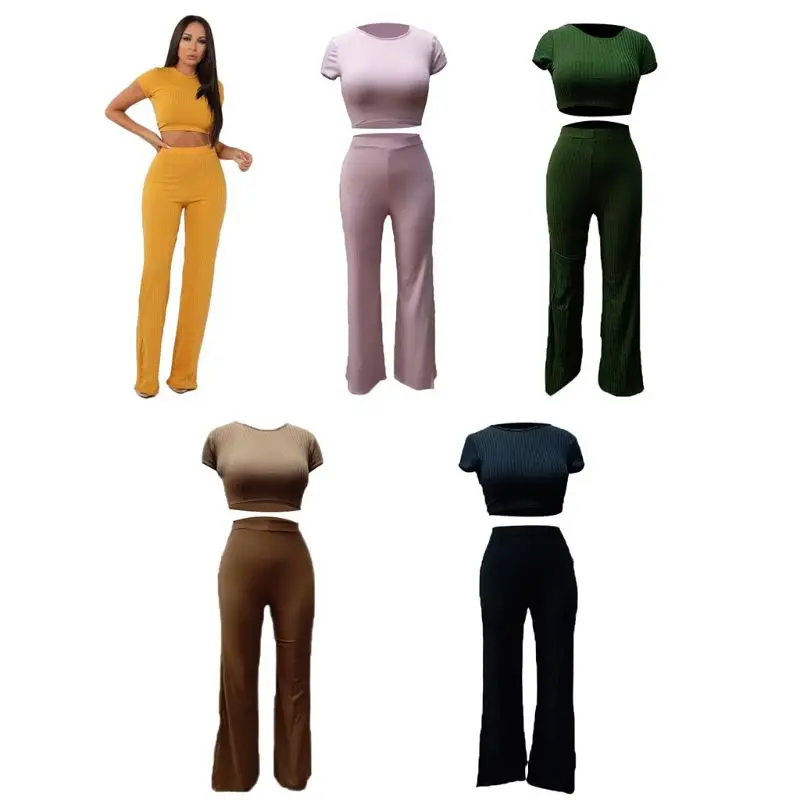

Womens Plus Size Sexy 2 Piece Outfits Short Sleeve O-Neck Crop Top High Waist Wide Leg Pants Ribbed Striped Solid Color Stretchy