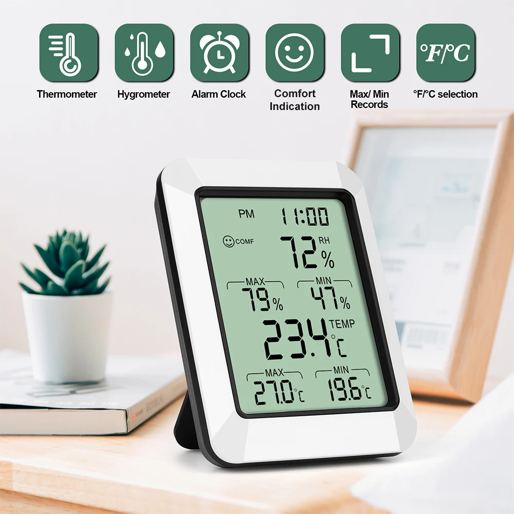 

Intelligent Temperature Humidity Meter with LCD Digital Display Screen Digital Thermometer Hygrometer with Time Alarm
