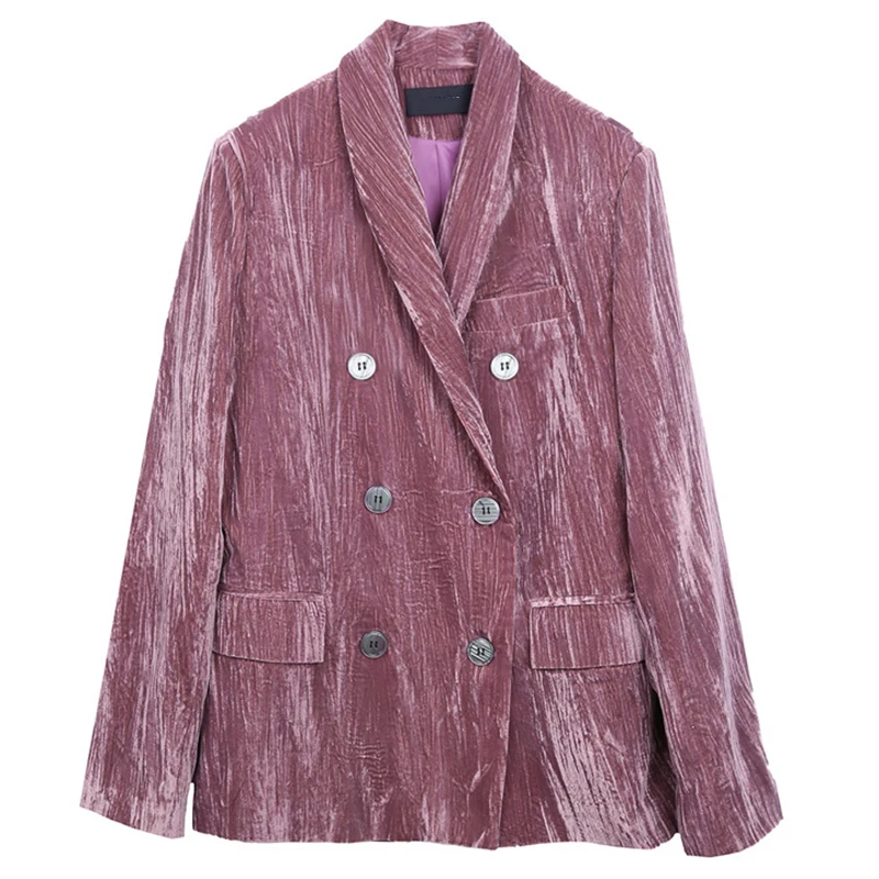 

[EAM] Women Light Purple velvet Double Breasted Blazer New Lapel Long Sleeve Loose Jacket Fashion Spring Autumn 2021 1DD6443