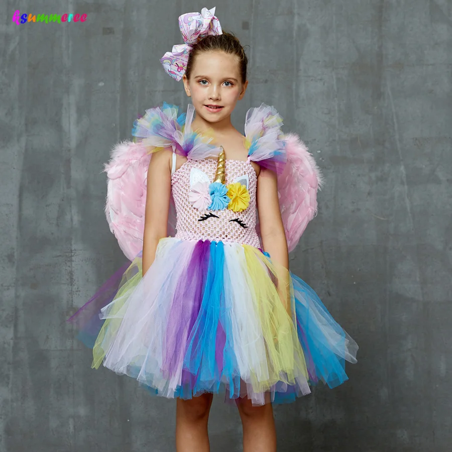 Girls Unicorn Tutu Dress with Bows and Wings Kids Party Flower Pageant Princess Children Fancy Ball Gowns | Детская одежда и обувь