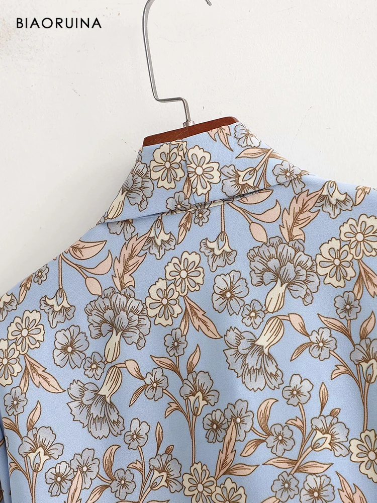 

BIAORUINA Women's Single Breasted Print Loose Vintage Long Shirt Bow Collar Female Long Sleeve Fashion All-match Blouse Tops