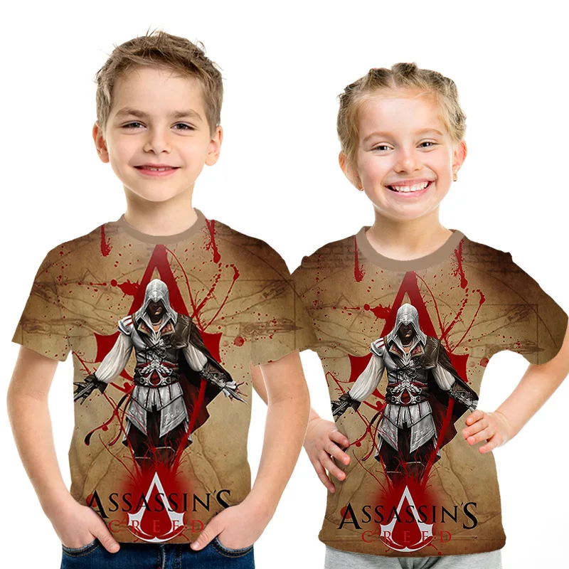 Летние детские футболки топы с 3d принтом assassins creed, повседневные Мальчики Девочки футболки, костюм Харадзюку хип-хоп Уличная одежда, футболки с аниме