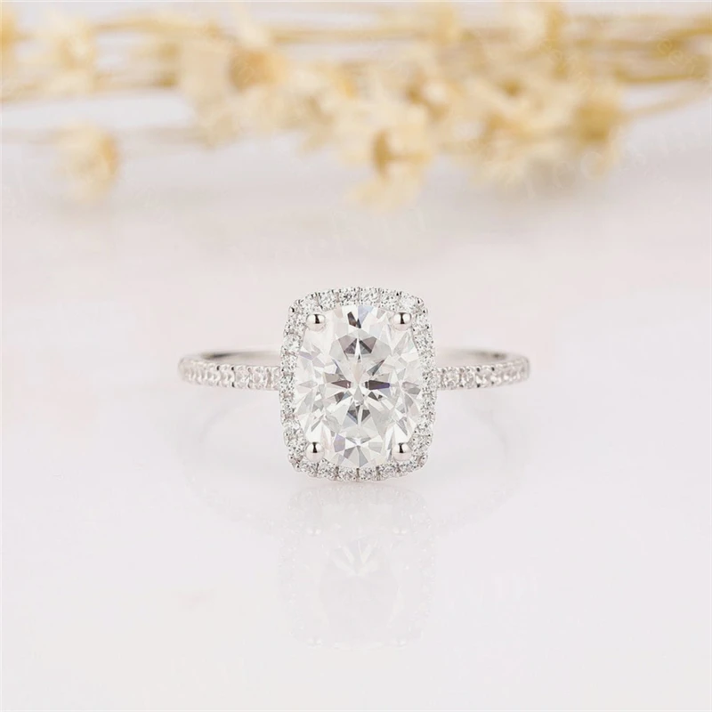 

RandH 2.0CARAT 9*7mm Oval Cut Halo Half Etenity Band Moissanite Rings For Women 14K Solid White Gold Classic Anniversary Rings