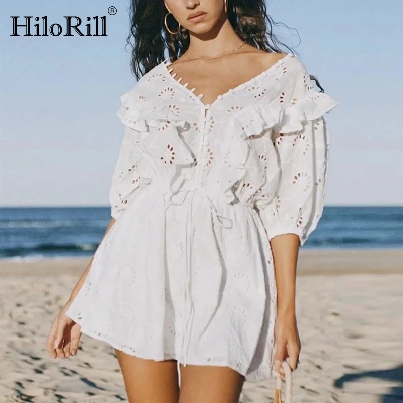 

HiloRill Chic Women V Neck Lace White Dress Floral Embroidery Ruffles Mini Dresses Summmer Bow Tie Elastic Waist Beach Sundress