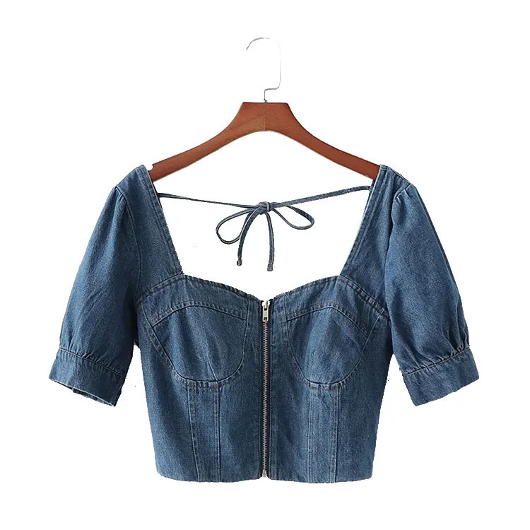 

New summer dress French restore ancient ways small square collar temperament sexy backless denim shirt with coat lace sleeves
