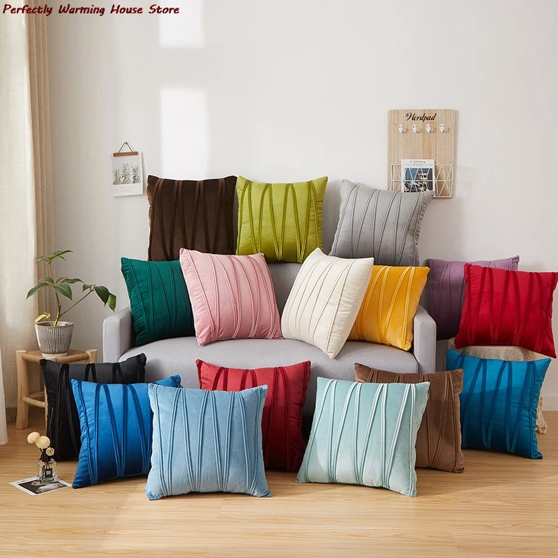 

Nola Striped Velvet Throw Pillow Covers Solid Color Cushion Case Decorate Sofa Home Party Soft Square Pillowcase