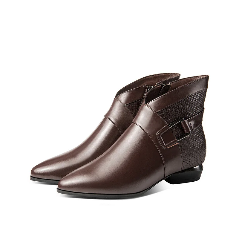 

Spring And Autumn Leather Flat Heel Women Ankle Boots Flat Bottom Pointed Fashion Elegant Plaid Pattern Plus Size Women Boots