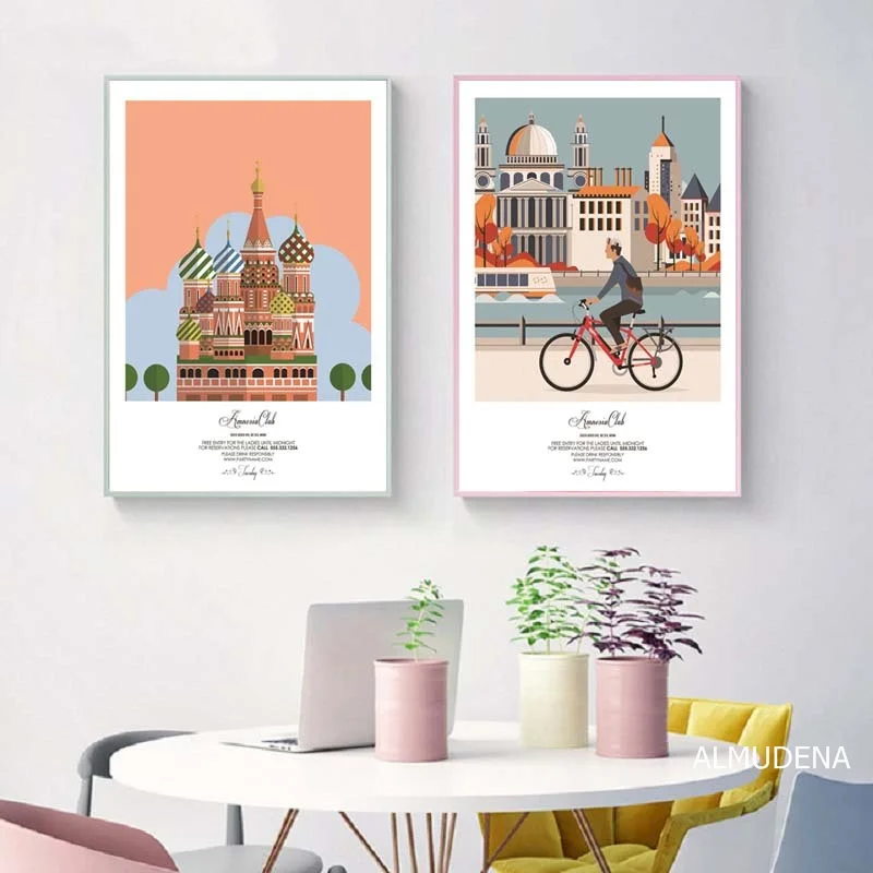 Простой мультяшный архитектурный пейзаж холст живопись скандинавский декор