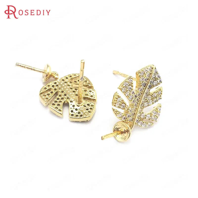 

(40424)2PCS 24K Gold Color Brass and Zircon Can Fit Half Hole Pearl Tree Leaf Leaves Stud Earrings Pins Jewelry Making Supplies