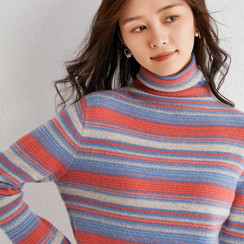 Color Striped Sweaters Women Sweaters And Pullovers 100% Wool Sweaters Women For Women Turtleneck Sweaters Female Woolen Clothes