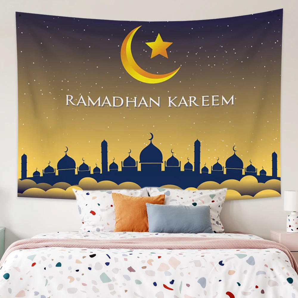 

Laeacco Eid Mubarak Tapestry Muslim Ramadan Wall Hanging Festival Decoration Carpet for Home Decor Bedroom Throw Cover