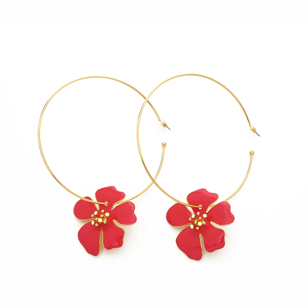 

2020 Fashion Exaggerated Red Pink White Black Enameled Flower Charm Oversize Gold Hoop Earrings For Women Floral Earring
