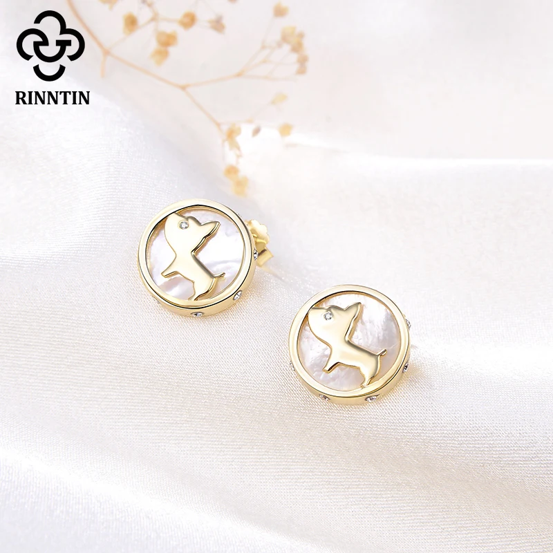 

Rinntin Real 925 Sterling Silver Stud Earrings Puppy Shape Mother of Pearl Double Layer Earrings For Women Halloween Gift TEQE31