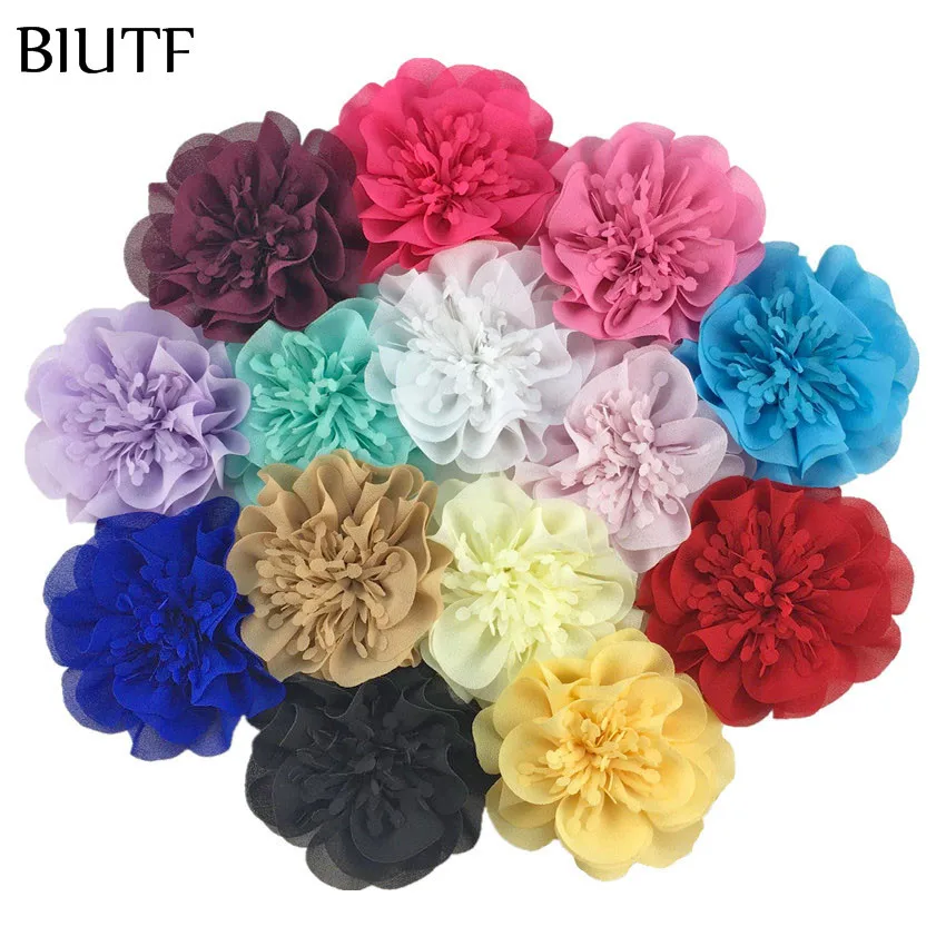 5pcs/lot 3.6'' Chiffon Flower with Stamen 9cm Bright color Headwear Flower Kids Lovely Hair Accessories TH298