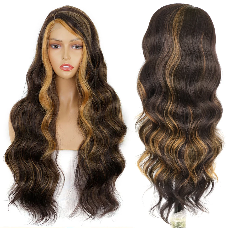 

Long Body Wavy Synthetic Wig Highlights Wigs for Black Women Side Part Hairline Natural Looking Wigs Daily Use Heat Resistant