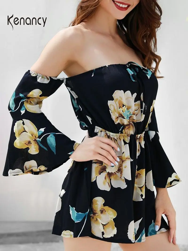 Новинка 2019 женский комбинезон Kenancy с цветочным принтом Летний открытыми плечами